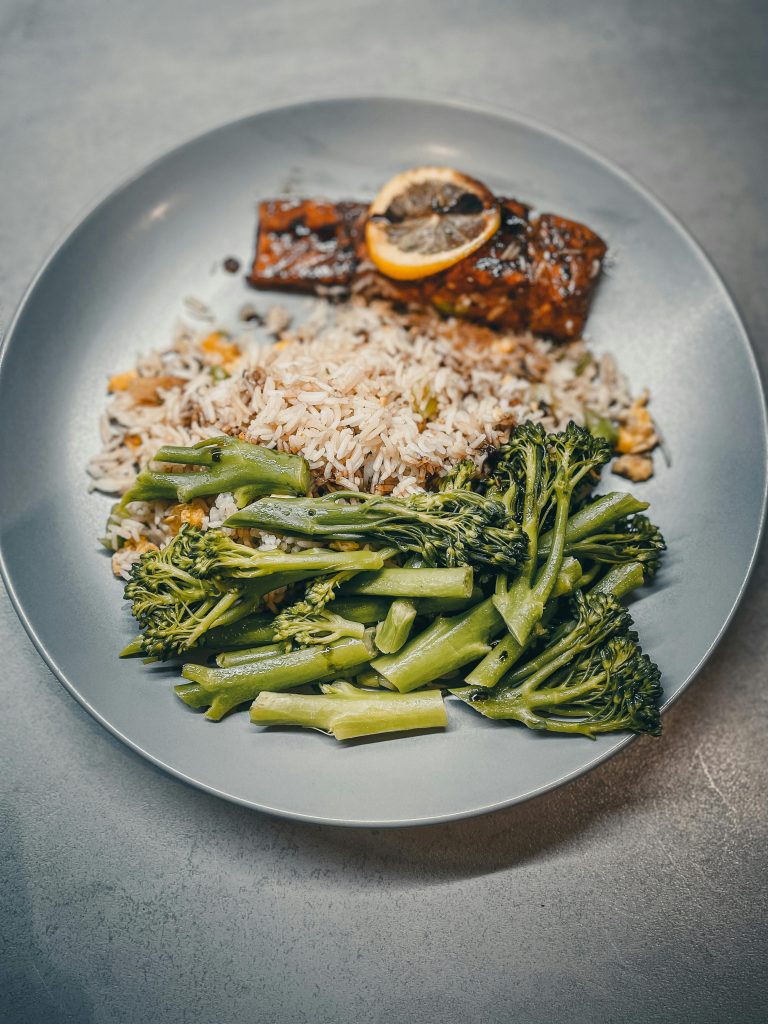 Honey-glazed salmon with brown jasmine rice